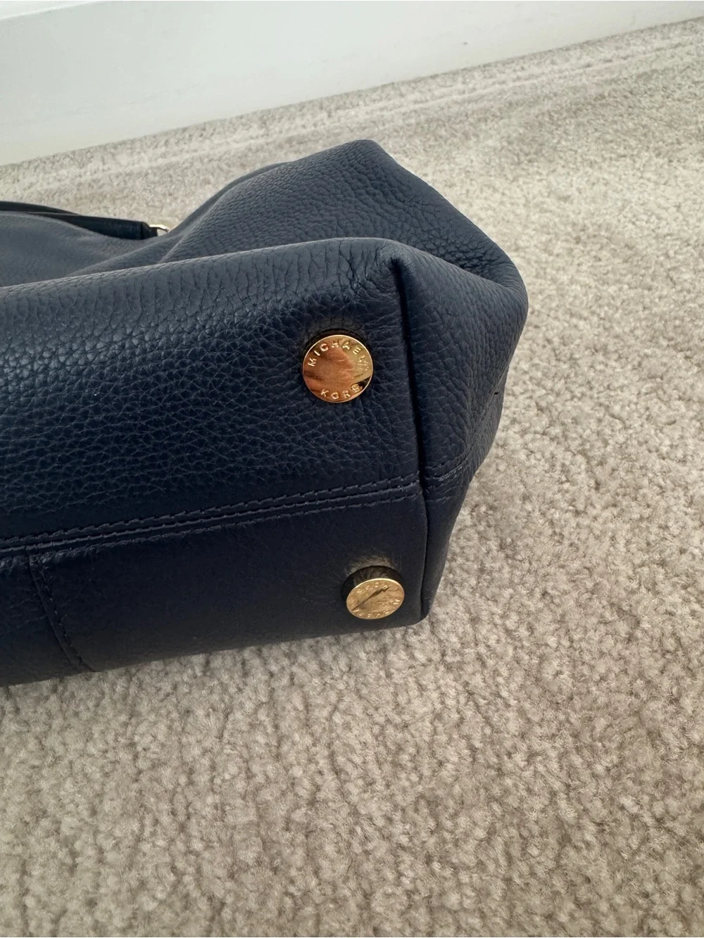 Michael Kors Navy Pebbled Leather Shoulder Bag with Gold Chain Handles and Studs